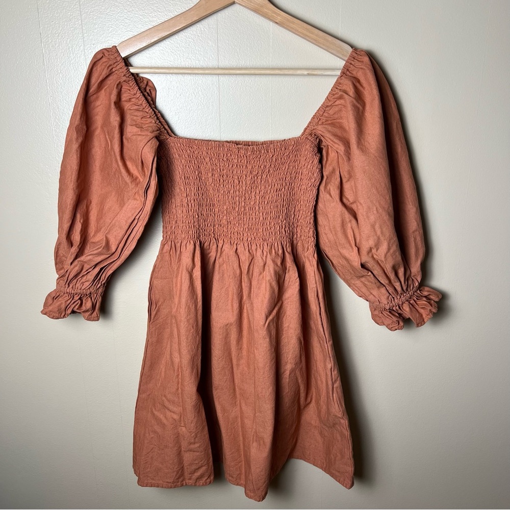 Kourt Portia Smocked Puff Sleeve Mini Dress Rust Orange Half Sleeve Small Boho